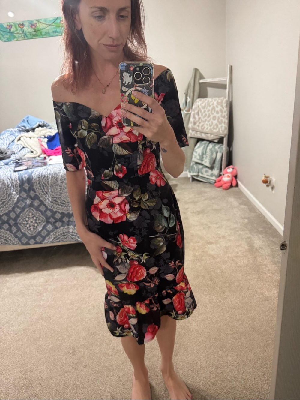 Black Off-The- Shoulder Floral Midi Dress with Red & Pink Blooms